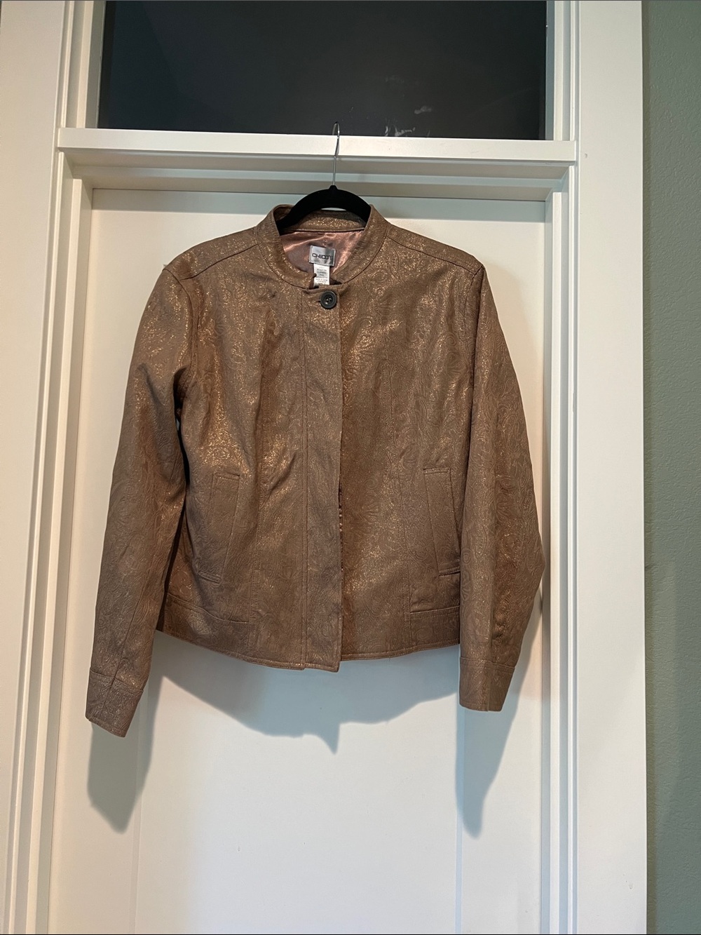 Chico's Shimmery Tan Mock-Neck jacket, size 2 or 12